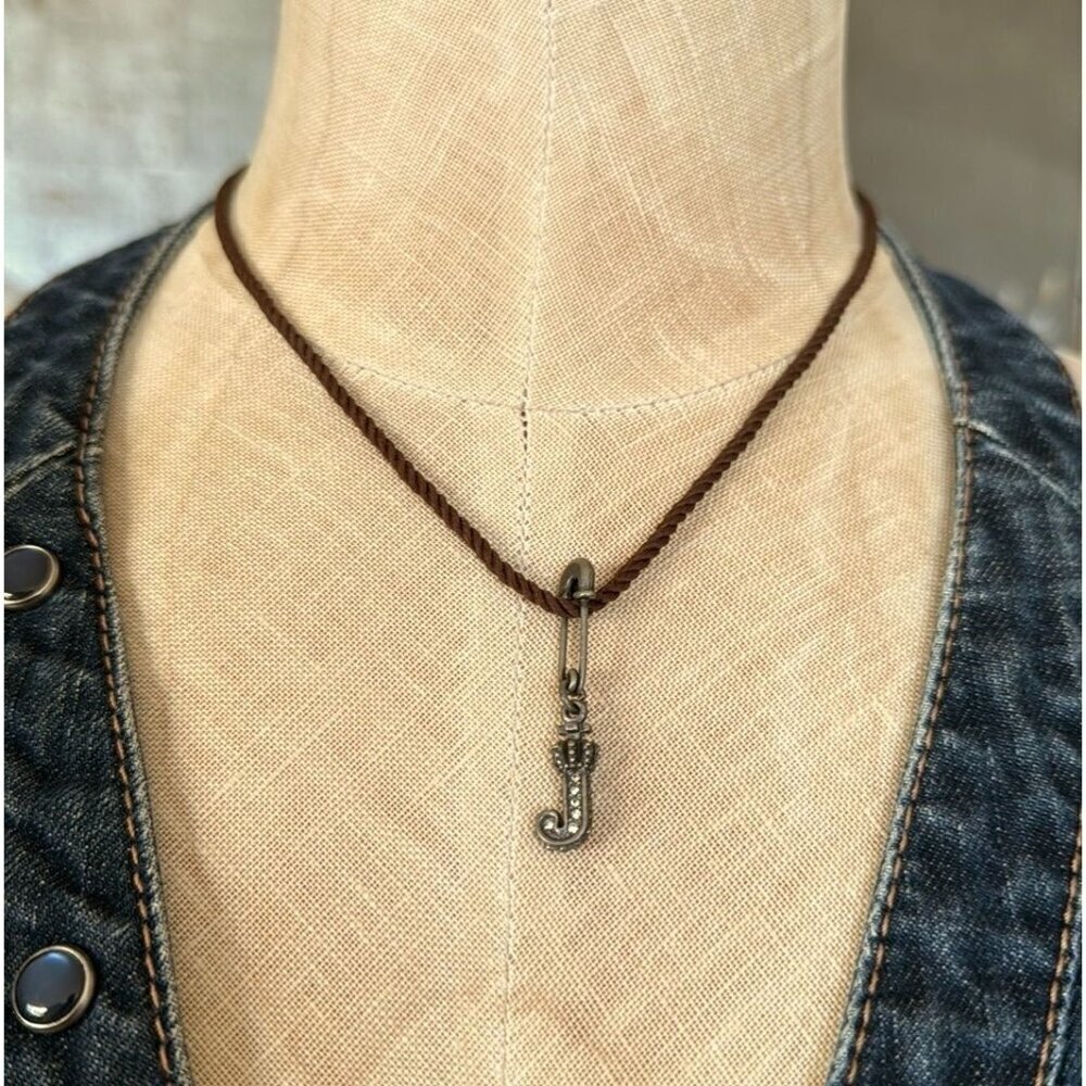 Y2k Juicy Couture J Safety Pin Silver Rhinestone Pendant Brown Cord Necklace
